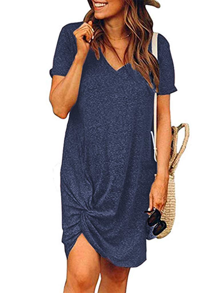 Locryz Short Sleeve Twist Dresses for Women Summer Sexy V-Neck Mini Beach Dresses M Navy Blue - Image 1